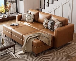ABCASA 91.5" Faux Leather Luxury Modular Sleeper Sofa Bed with Storage Seat, 6 Seat Sectional Couch Deep Seat with Reversible Chaises & Removable Cover for Living Room - Brown
