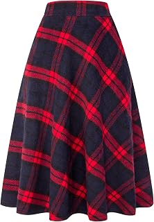 IDEALSANXUN Womens High Elastic Waist Maxi Skirt A-Line Plaid Winter Warm Flare Long Skirt (X-Small, Long Red)