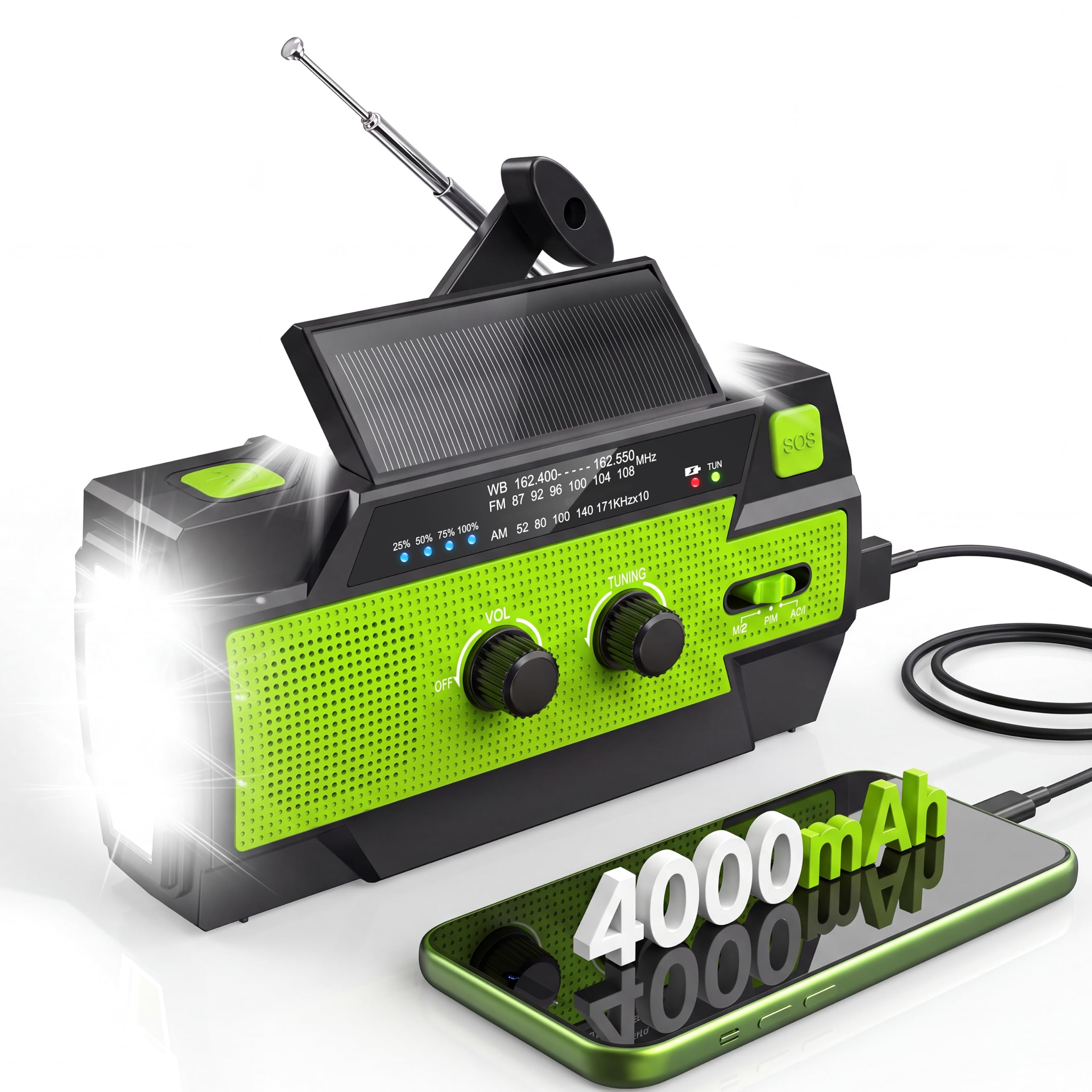 RunningSnail Emergency Crank Radio with 3-Mode Flashlight & Reading Lamp | 4000m