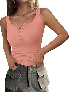 DUOEASE Women's Black Ribbed Tank Top with Buttons Round Neck T Shirt Women's Sleeveless -2XL