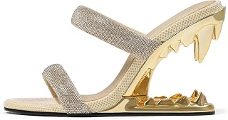 Goiphrri Wedge Sandals for Women Strappy Heels Metallic Shark Teeth