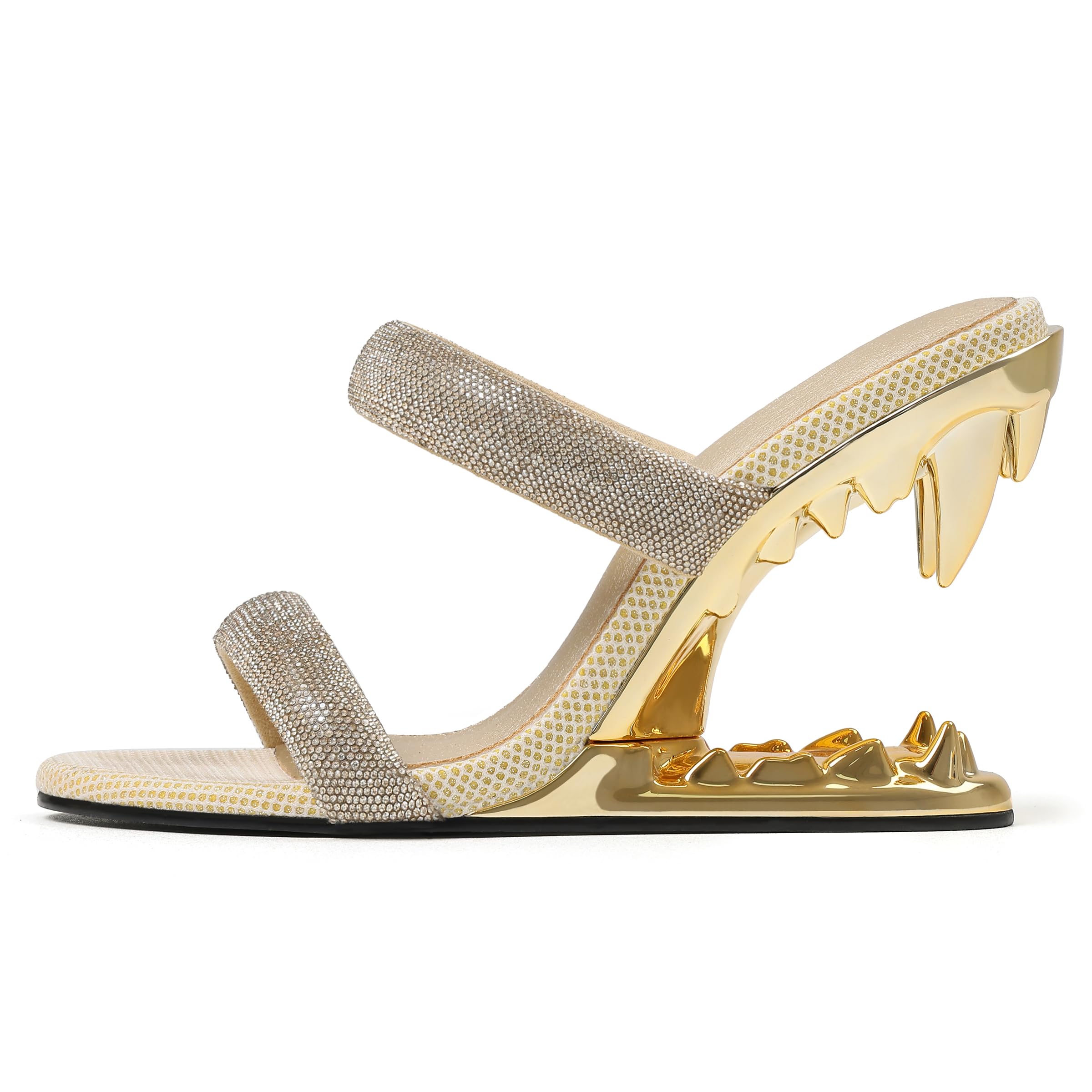 Goiphrri Wedge Sandals for Women Strappy Heels Metallic Shark Teeth