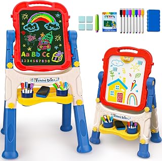 Easel for Kids Double-Sided Art Drawing Board Toys 3 4 Year Birthday Gifts | White Board & Chalkboard Adjustable Magnetic Art Easel Painting Writing Learning Educational Toys 3 4 5 Year Boys Girls Gifts