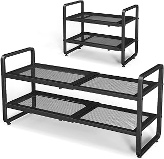 Expandable Metal Shoe Rack for Closet, Entryway & Garage, 2-Tier, Black | Adjustable Height for Boots, Stackable Design, Dense Mesh Shelves for Heels, Fits Small Spaces, Apartments and Rentals