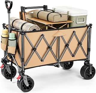 YEAUPE PRO Foldable Handcart with Parking Brake - All-Terrain Large Wheels, Opening Rear for Long Items and Tie Down Strap Net for Camping, Beach, Garden, Khaki, 200 L