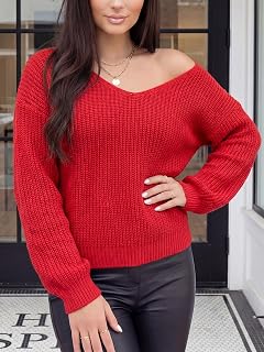 Women's French V Neck Drop Shoulder Rib Knit Sweater, Long Sleeve Relaxed Fit Pullover Knit Top for Everyday Wear