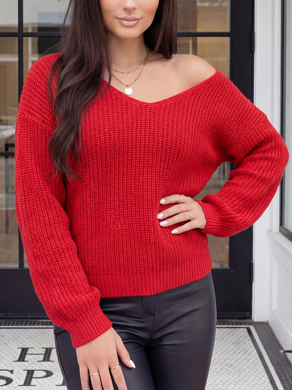 Women's French V Neck Drop Shoulder Rib Knit Sweater, Long Sleeve Relaxed Fit Pu
