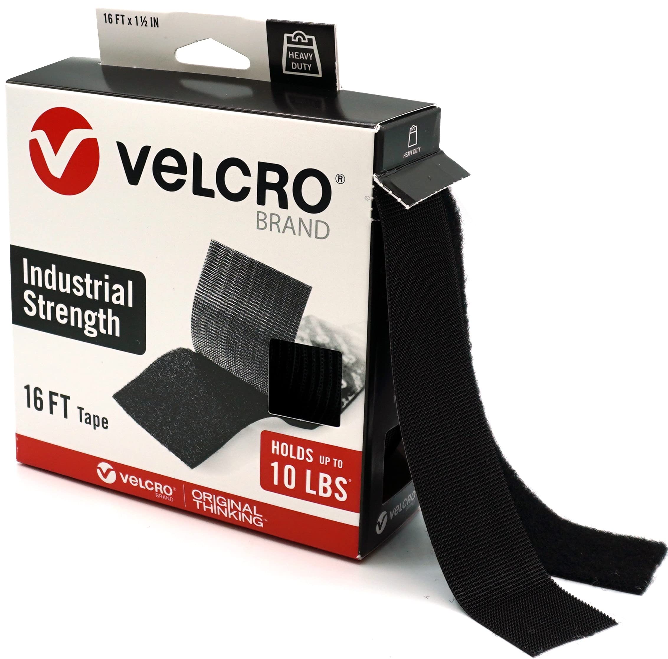 VELCRO Brand Heavy Duty Tape, Black, 1-1/2in x 16ft Roll, Holds 10 lbs | Industr