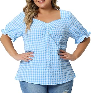 Agnes Orinda Women's Plus Size Gingham Tops 1950s Sweetheart Neck Flounce Sleeve Summer Blouse Top