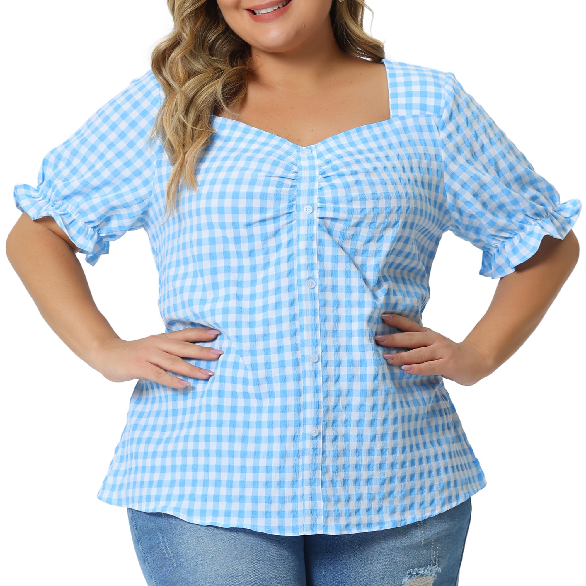 Agnes Orinda Women's Plus Size Gingham Tops 1950s Sweetheart Neck Flounce Sleeve