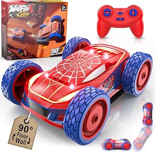 FirYawee Remote Control Wall Climbing Car, 90° Floor-to-Wall Transition | Dual-Side Drive, 2-in-1 Light-Up Rechargeable Spider RC Car toy for Kids Ages 3+, 2.4GHz RC Stunt Car boys gifts 4-12 year