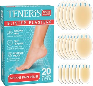 Teneris, 20 Hydrocolloid Blister Plasters – Instant Pain Relief, Waterproof & Invisible, Fast Healing, Friction-Proof – Thin & Flexible Blister Pads for Feet, Heels & Toes – 3 Mixed Sizes (20 Pack)