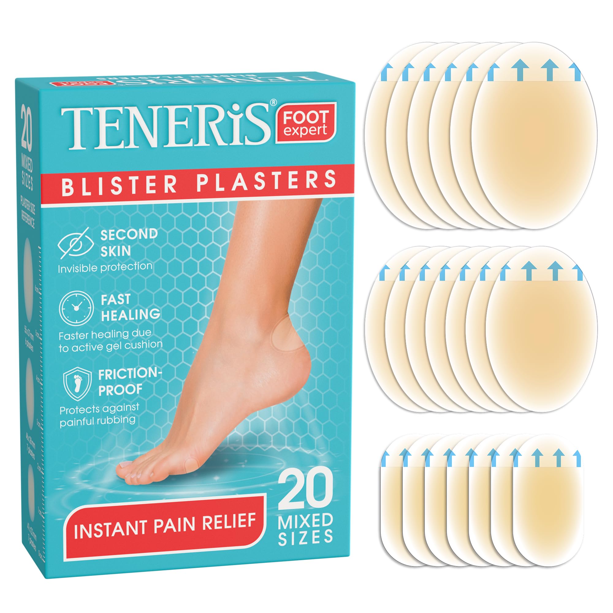 Teneris, 20 Hydrocolloid Blister Plasters – Instant Pain Relief, Waterproof & In