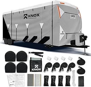 KNOX 2nd Gen Travel Trailer Cover, Anti-Tear APEX Fabric, Fits Motorhome RV, Toy Hauler, Campers, Includes Ladder Cover, Tire and Gutter Covers - Size 24-27 ft