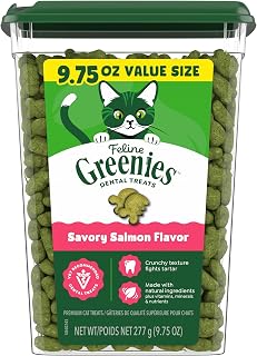 Greenies Feline Natural Crunchy Dental Cat Treats, Salmon Flavor, 9.75 oz | #1 vet-recommended, clinically-proven oral care, cleans teeth and freshens breath, cleans to gumline, natural ingredients