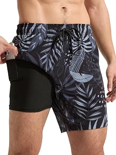 Arcweg Men's 2 in 1 Swim Shorts with Double Lining Breathable Quick Dry with Zipper Pocket and Adjustable Drawstring, Swimming Trunks for Sea, Swimming Pool
