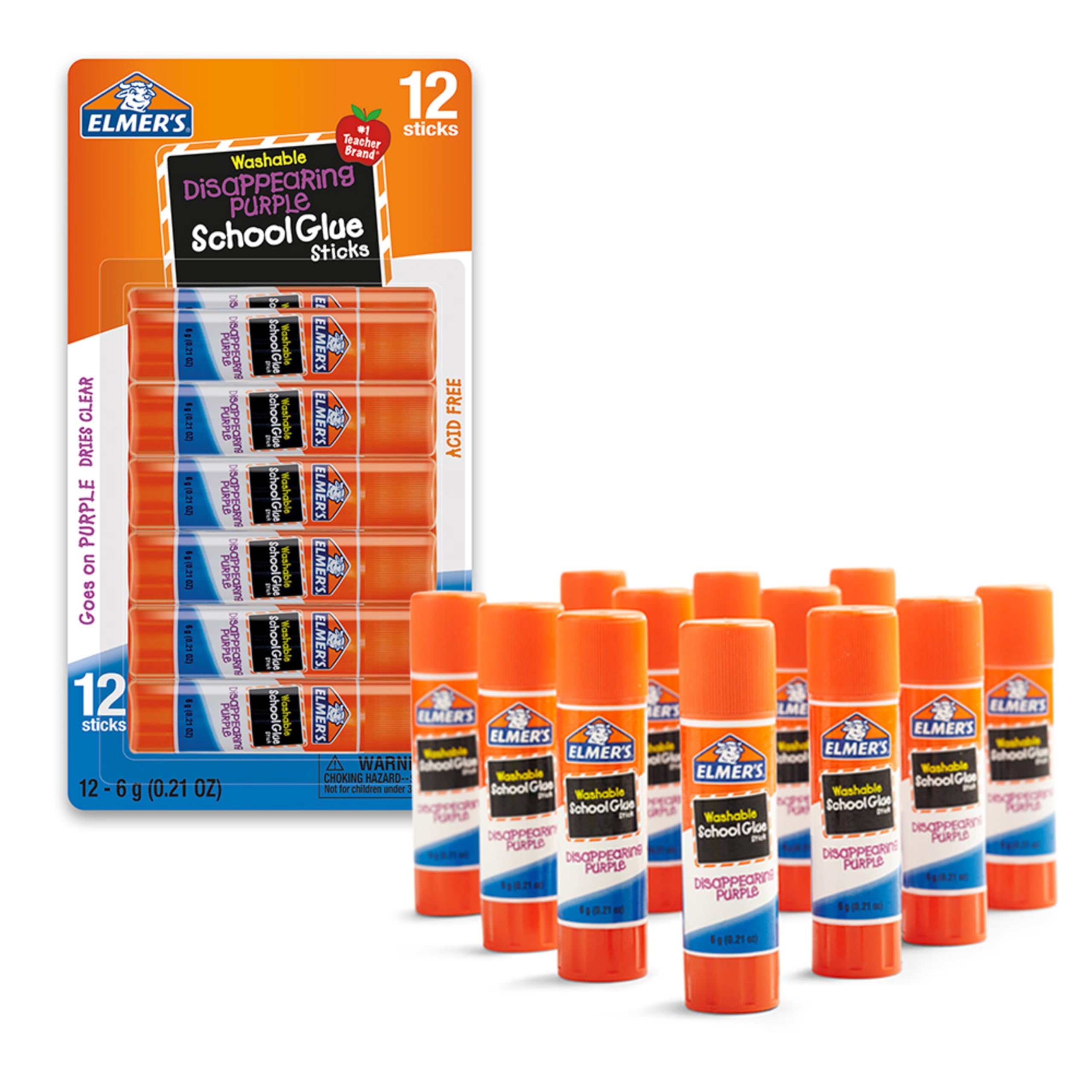 Elmer's Disappearing Purple School Glue Sticks, Washable, 6 Grams, 12 Count - Ar