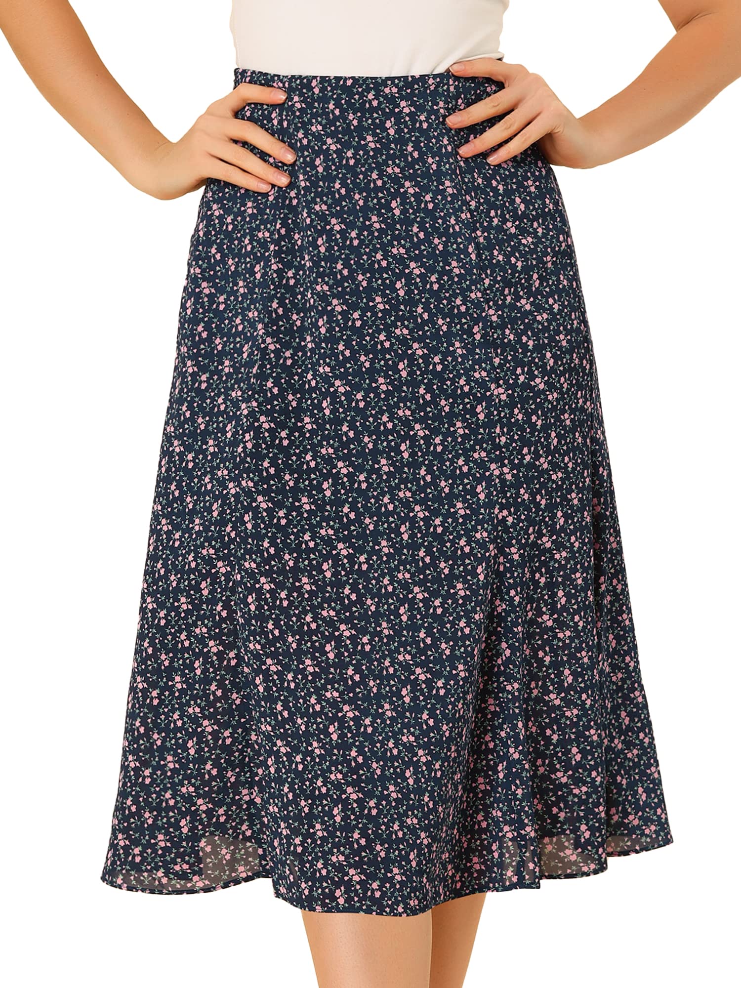 Allegra K Women's Floral Midi Skirt Elastic Waist A-Line Casual Print Skirt