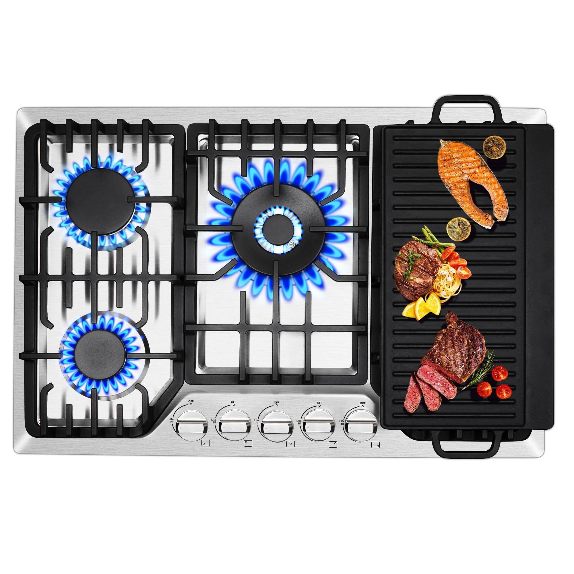 30 Inch Built-In Gas Cooktop with Griddle, 5 Italy SABAF Powerful Burners Over 9