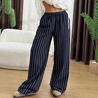 Striped Wide Leg Pants for Women Palazzo Pants High Waist Elastic Waist Casual Comfy Lounge Pants