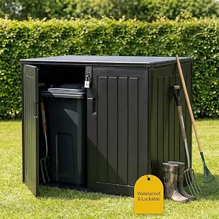 Olsen & Smith 775L Waterproof Lockable Outdoor Garden Storage Shed & Box | Fits 2x 180L Bins, Lockable with Padlock, Twin Doors + Lift Lid, Weatherproof, Bike & Tool Store, Outdoor, 116x71x112.5cm