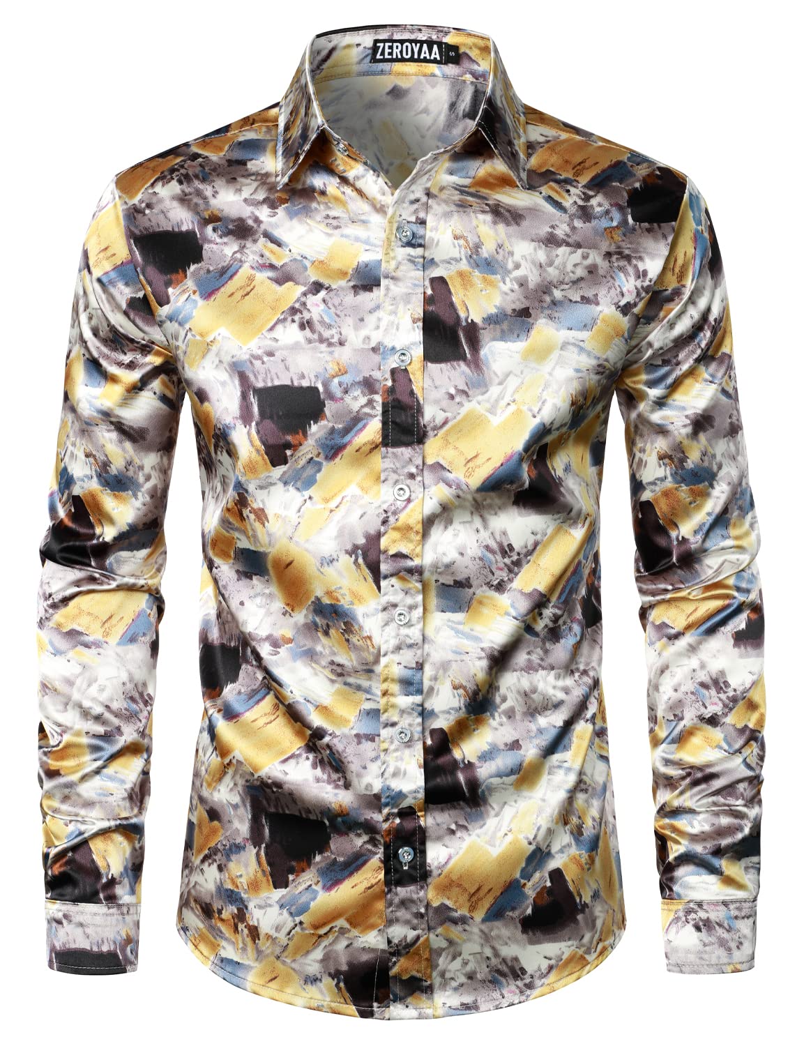 ZEROYAA Men's Printed Design Satin Button Up Dress Shirt