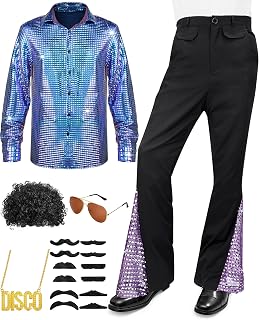 6 Piece Men's 70s Disco Dresses Retro Halloween Couple Costume with Bell Pants