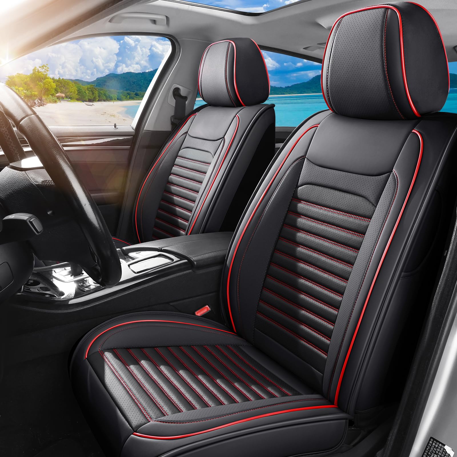 Front Car Seat Covers Fit for Toyota Yaris 2007-2020 , Black&Red line