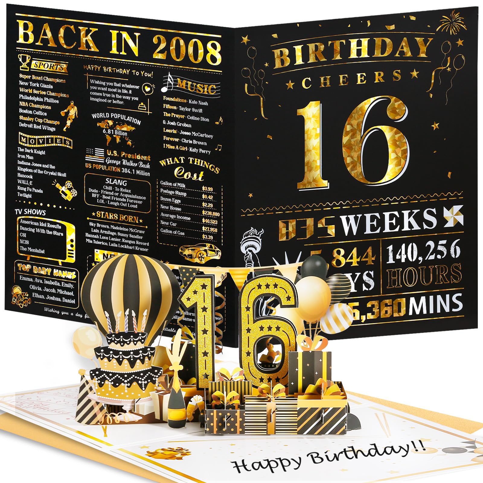 3D Pop Up 16th Birthday Card, 16th Birthday Decorations for Girls Boys, 16 Year 