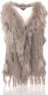 Women's 100% Natural Knit Rabbit Fur Vest With Raccoon Fur Collar