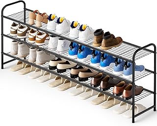KEETDY 3-Tier Long Shoe Rack for Closet Metal Shoe Organizer for Entryway, Wide Stackable Shoe Storage Shelf with Sturdy Wire Grid for Closet Floor, Bedroom, Black