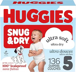 Huggies Size 5 Diapers, Snug & Dry Baby Diapers, Size 5 (25-37 lb.), 136 Count, Packaging May Vary