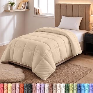 Utopia Bedding Comforters Twin Size, All Season Duvet Insert, Down Alternative Box Stitched Bed Comforter with Corner Tabs, Machine Washable (Beige)