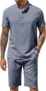 COOFANDY Men's 2 Pieces Set Short Sleeve Henley Shirts and Shorts Set Texture Summer Beach Vacation Outfits