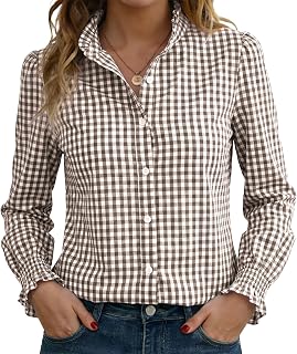 Funlingo Women's Striped Button Down Shirts Long Sleeve Smocked Cuffed Ruffle Collar Blouses Spring Work Business Casual Tops