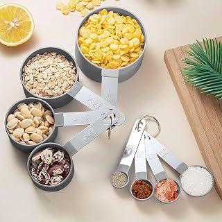 Measuring Cups and Spoons Set with Stainless Steel Handle for Dry and Liquid Ingredients, Set of 8, Grey
