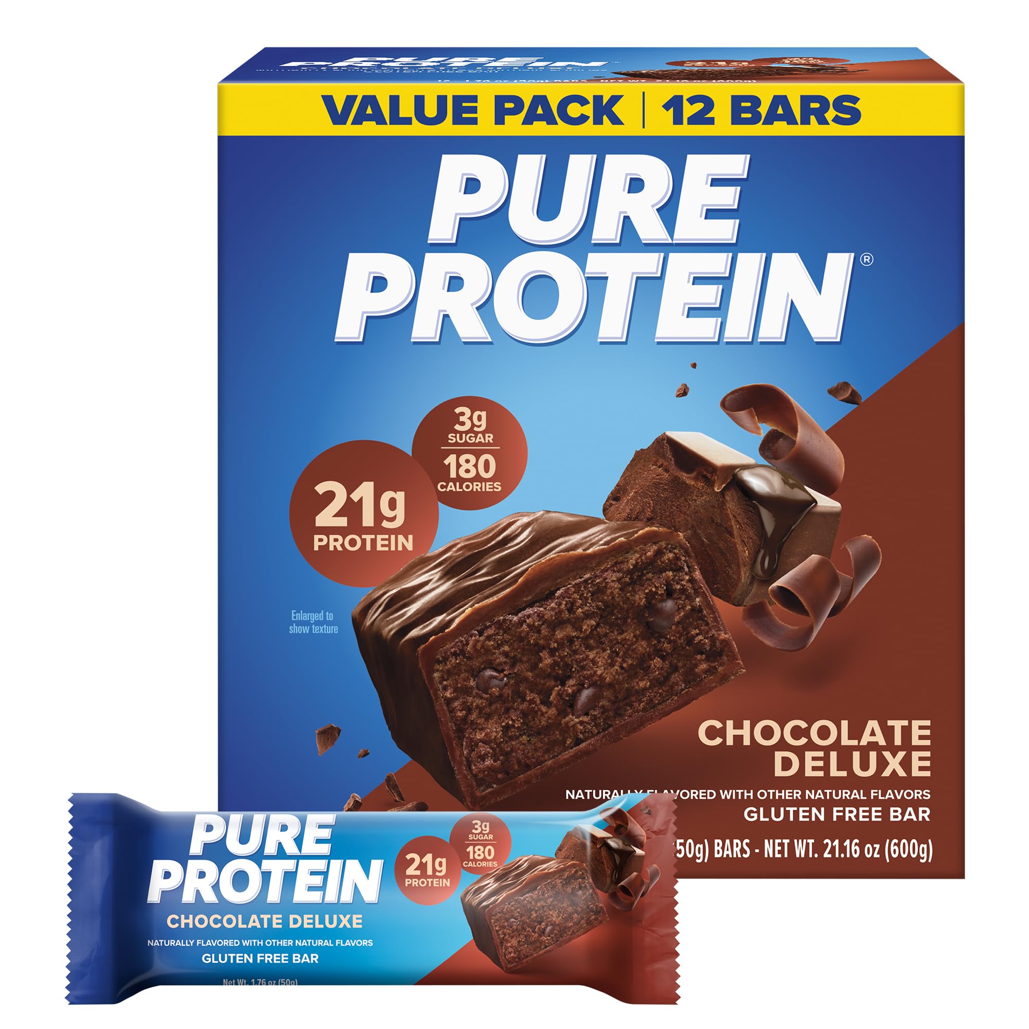 Pure Protein Chocolate Deluxe Protein Bars, 21g Protein, Gluten Free, 12 Ct | 3g