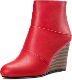 HDEUOLM Women's High Wedge Esparto Heel Closed Toe Round Toe Ankle Boots 8.5 CM Heels Slip-on Zipper Cute Shoes