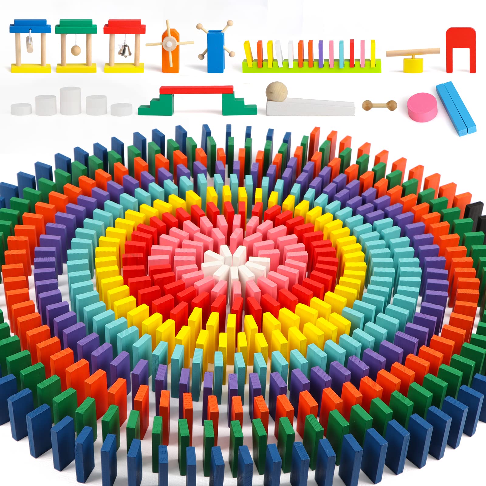 1000 PCS Dominoes Set for Kids Wooden Building Blocks 10 Colors Bulk Dominoes Ra
