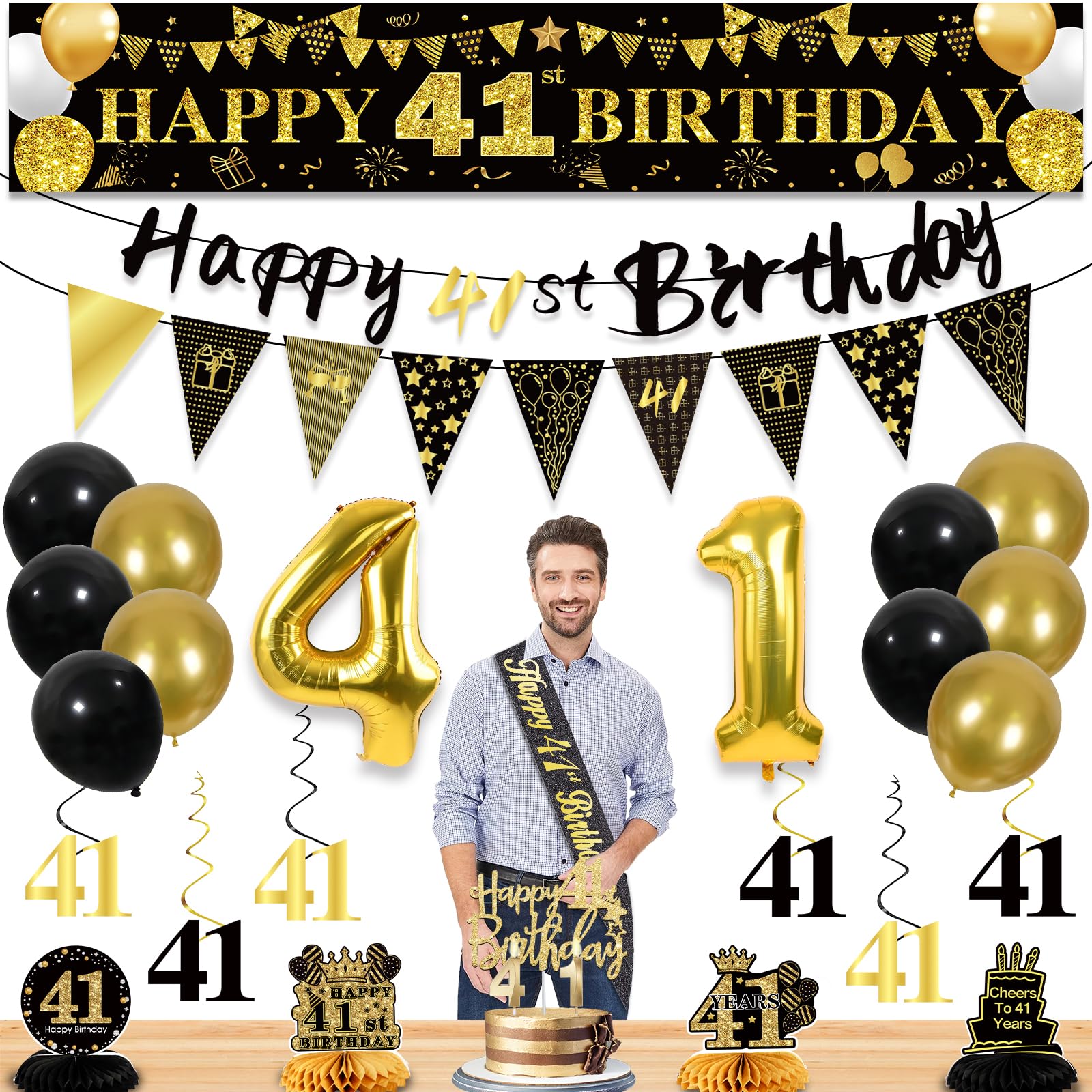 41st Birthday Decorations for Men, Black Gold 41st Party Decoration Kits