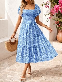 Women Floral Midi Dress Flutter Sleeve Smocked Waist Casual Summer A-Line Holiday Beach Party Dress