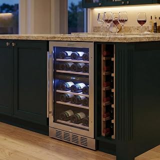Empava 15 inch Dual Zone Wine Cooler Refrigerator Under Counter with Reversible Glass Door, Freestanding Fridge with LED Light, Touch Control, 26 Bottles Capacity