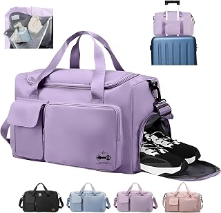 CarryFitness® Sports Gym Bag Duffle Bag with Shoes Compartment, Waterproof Weekend Bags for Women and Men, Hand Luggage Bag, Lightweight Holdall Hospital Overnight Bag - Purple 37L