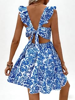 Ladies Floral Back Bow Dress Ruffle Cut Out Sleeveless Dress A Line Short Dresses