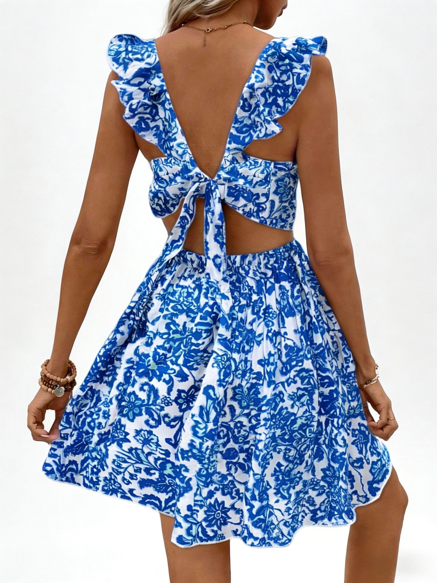 Ladies Floral Back Bow Dress Ruffle Cut Out Sleeveless Dress A Line Short Dresse