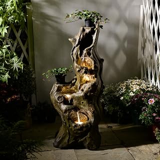 Sunlinua Water Fountain Outdoor, 5-Tier Cascading Realistic Tree Waterfall | Warm Golden Glow, Relaxing Water Sounds, Large-Capacity Reservoir & Weather-Resistant Resin Fountain for Garden, Patio, Porch