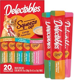 Delectables Squeeze Up Catnip Variety Pack, Creamy Squeezable Puree, Lickable Wet Cat Treats, Grain Free, No Added Fillers, No by-Products, No Added Preservatives, 0.5 Ounces Tube, 20 Tubes Total