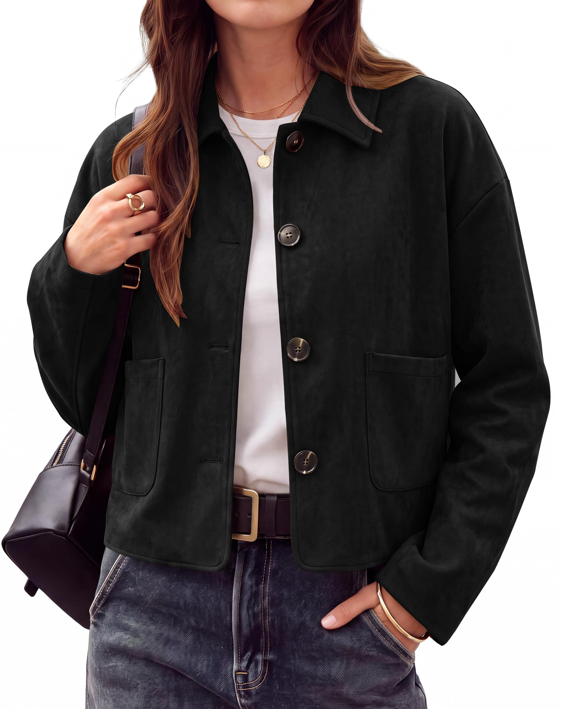 PRETTYGARDEN Giacca corta da donna 2026 in finta pelle scamosciata casual legger