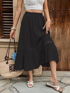 Women's 2026 Elegant High Waist Cocktail Party Wedding Guest Dress Flared Crochet Lace A-Line Midi Skirts DS590