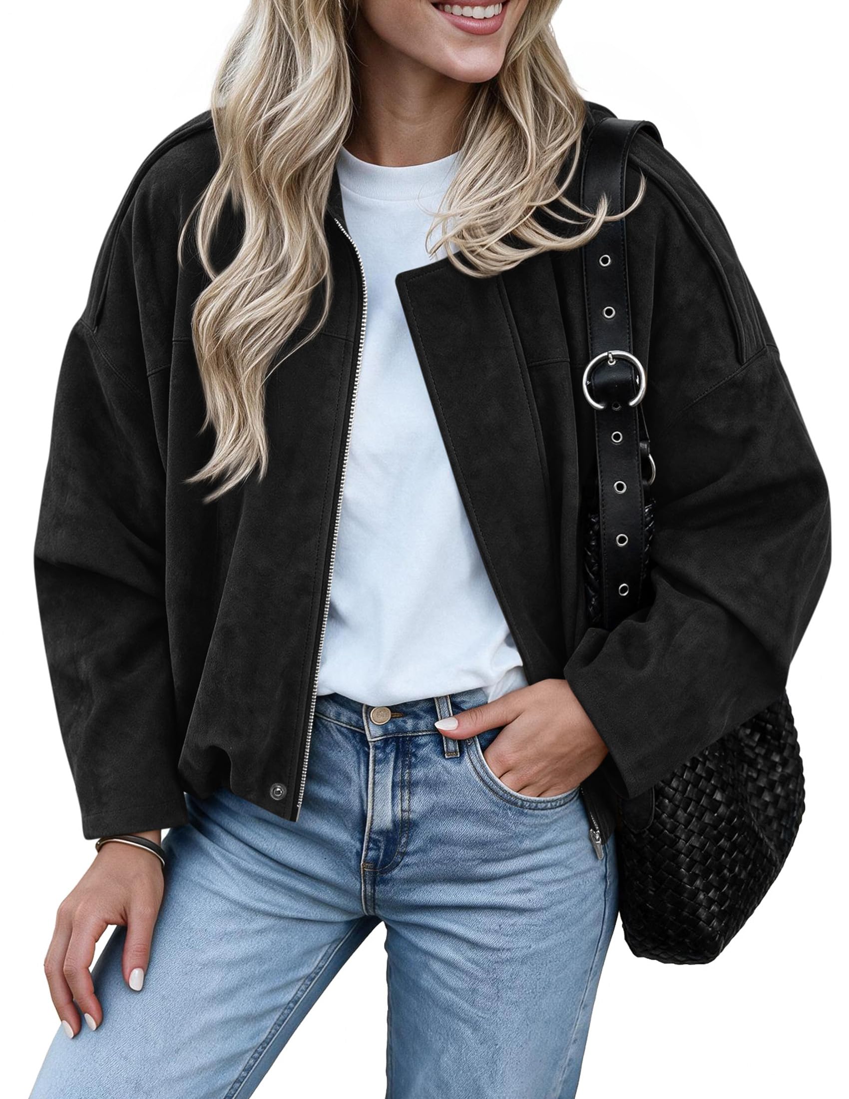 PRETTYGARDEN Faux Suede Jacket Women Fall Cropped Western Bomber Jacket
